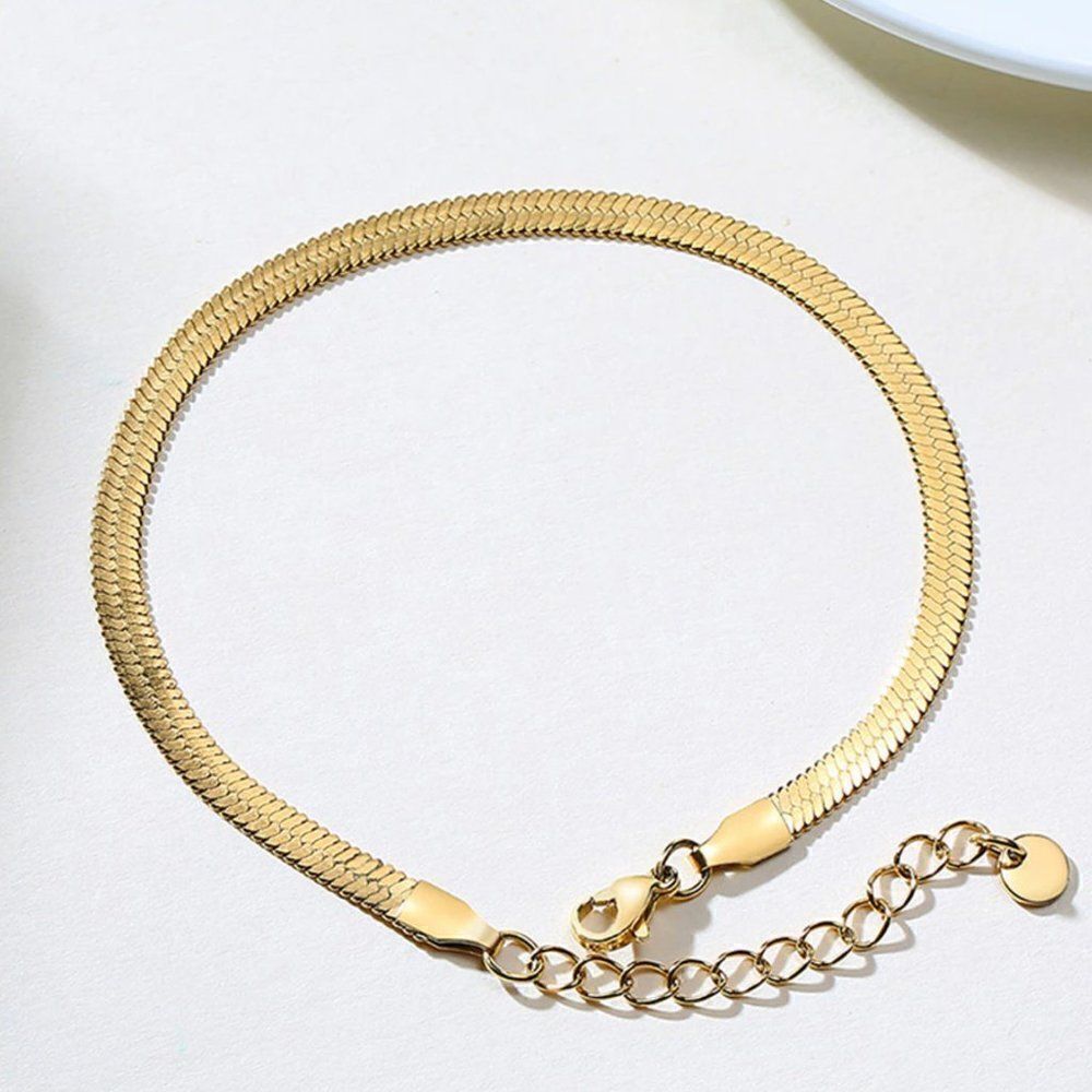 Gold Herringbone Flat Snake Chain Bracelet 4mm